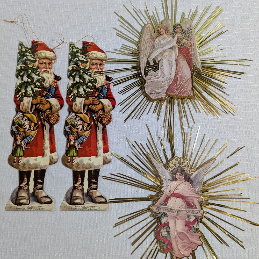 4 die cut cardboard and tinsel Victorian Christmas tree ornament Santa Angel